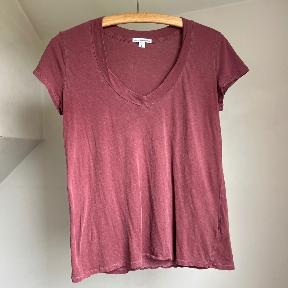 James Perse V-Neck T-Shirt Size 2 Pink Mauve Short Sleeve Cotton WMJ3330 Tee